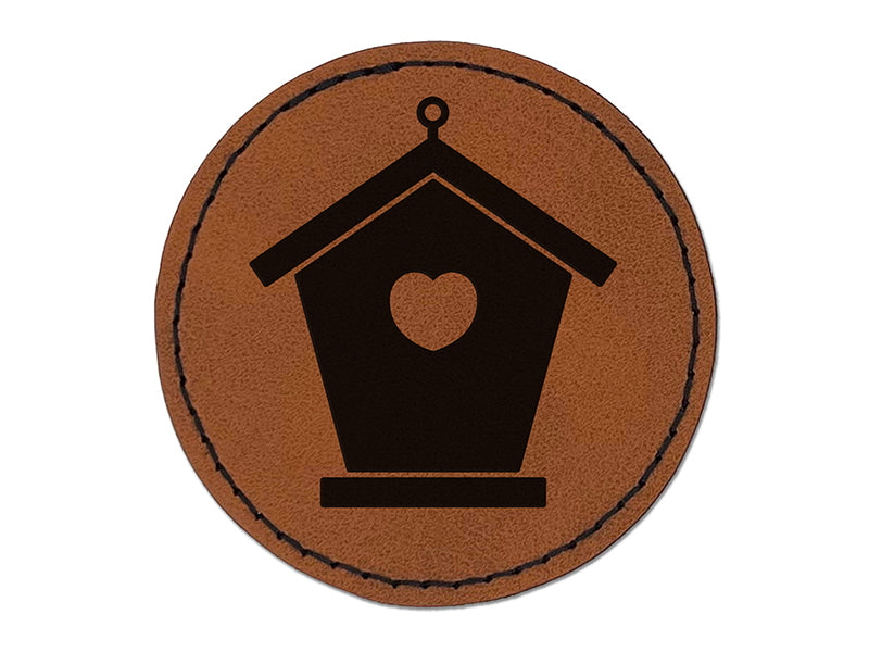 Birdhouse Silhouette with Heart Round Iron-On Engraved Faux Leather Patch Applique - 2.5"