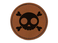 Cute Simple Skull and Crossbones Round Iron-On Engraved Faux Leather Patch Applique - 2.5"