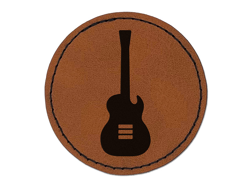 Electric Guitar Silhouette Round Iron-On Engraved Faux Leather Patch Applique - 2.5"
