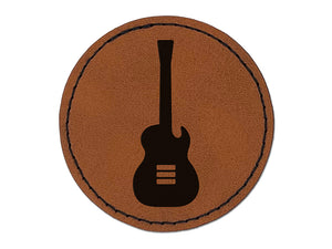 Electric Guitar Silhouette Round Iron-On Engraved Faux Leather Patch Applique - 2.5"