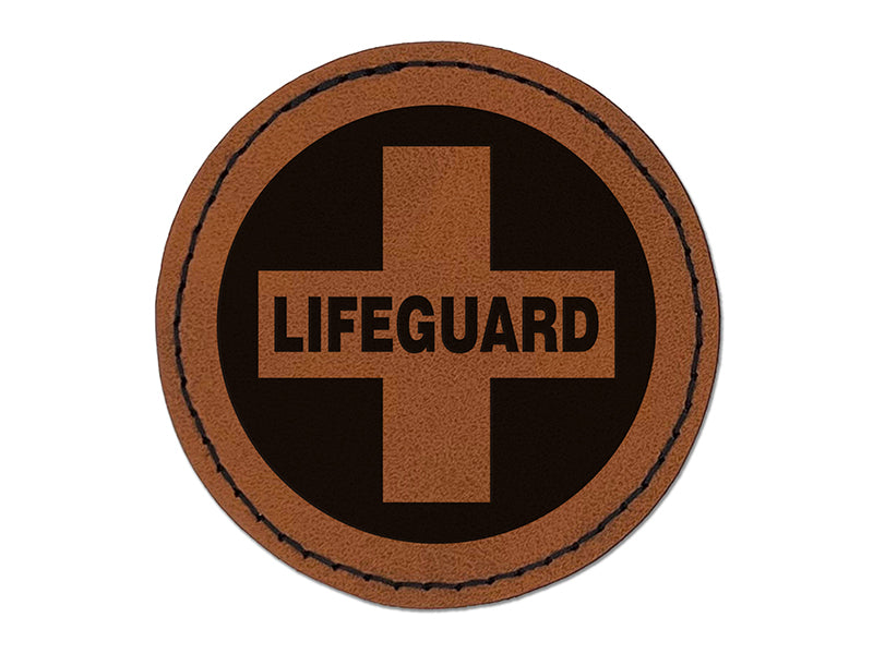 Lifeguard Cross in Circle Round Iron-On Engraved Faux Leather Patch Applique - 2.5"