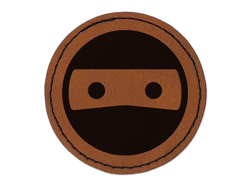 Masked Ninja Head Emoticon Round Iron-On Engraved Faux Leather Patch Applique - 2.5"