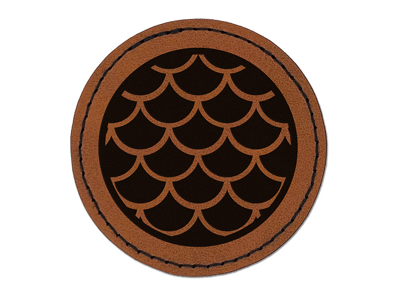 Mermaid Dragon Fish Scales Circle Round Iron-On Engraved Faux Leather Patch Applique - 2.5"