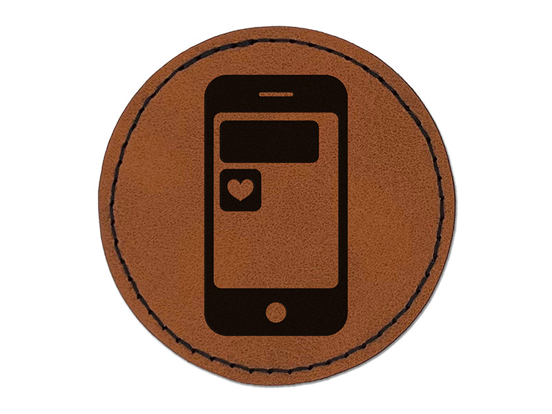 Mobile Tablet Phone Heart Text Message Round Iron-On Engraved Faux Leather Patch Applique - 2.5"