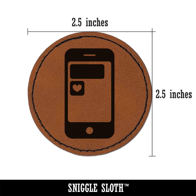Mobile Tablet Phone Heart Text Message Round Iron-On Engraved Faux Leather Patch Applique - 2.5"