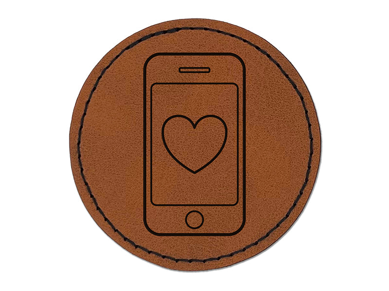 Mobile Tablet Phone Outline With Heart Round Iron-On Engraved Faux Leather Patch Applique - 2.5"