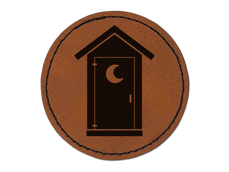 Outhouse Silhouette Toilet Round Iron-On Engraved Faux Leather Patch Applique - 2.5"