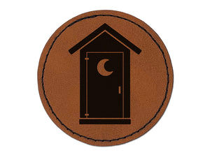 Outhouse Silhouette Toilet Round Iron-On Engraved Faux Leather Patch Applique - 2.5"