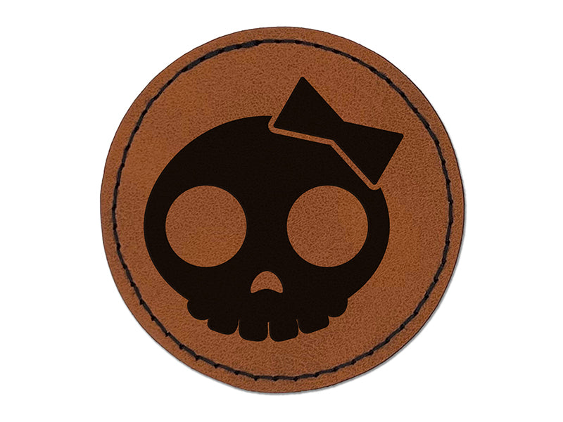 Sassy Skull with Hairbow Round Iron-On Engraved Faux Leather Patch Applique - 2.5"