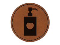 Soap Sanitizer Dispenser Silhouette with Heart Round Iron-On Engraved Faux Leather Patch Applique - 2.5"