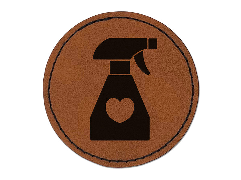 Spray Bottle Silhouette with Heart Round Iron-On Engraved Faux Leather Patch Applique - 2.5"