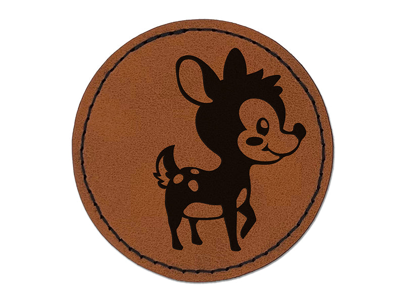 Adorable Baby Deer Fawn Round Iron-On Engraved Faux Leather Patch Applique - 2.5"