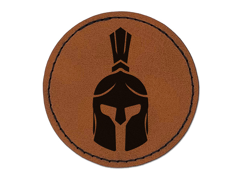 Ancient Greek Roman Spartan Helmet Front Round Iron-On Engraved Faux Leather Patch Applique - 2.5"