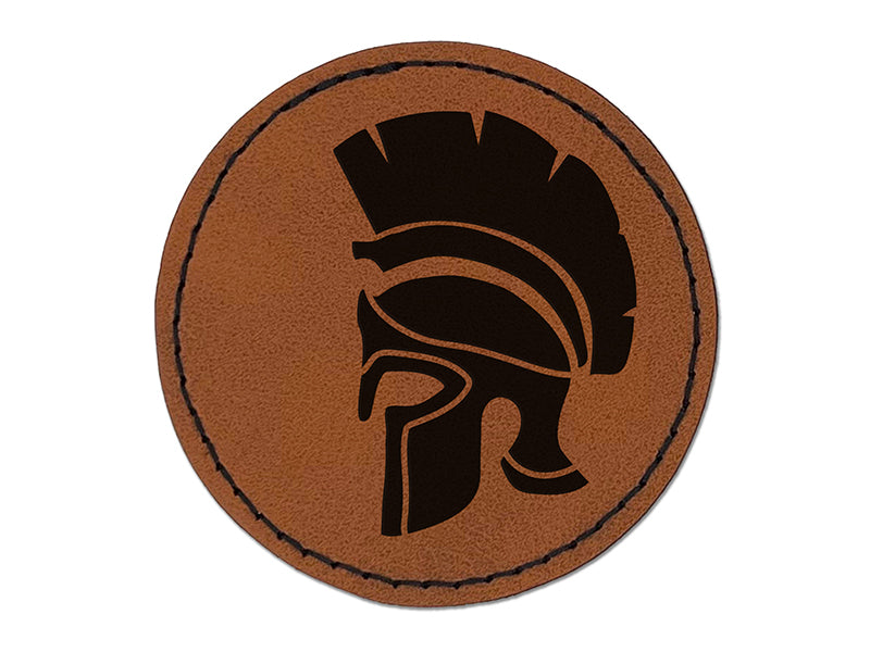 Ancient Greek Roman Spartan Helmet Round Iron-On Engraved Faux Leather Patch Applique - 2.5"
