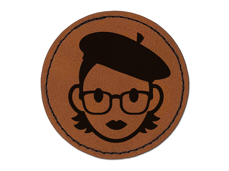 Artist Woman Icon Round Iron-On Engraved Faux Leather Patch Applique - 2.5"