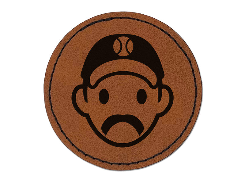 Athlete Baseball Man Icon Round Iron-On Engraved Faux Leather Patch Applique - 2.5"