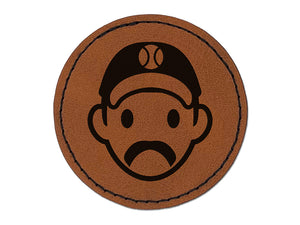 Athlete Baseball Man Icon Round Iron-On Engraved Faux Leather Patch Applique - 2.5"