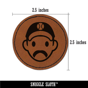 Athlete Baseball Man Icon Round Iron-On Engraved Faux Leather Patch Applique - 2.5"