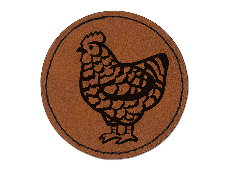 Barred Plymouth Rock Chicken Round Iron-On Engraved Faux Leather Patch Applique - 2.5"