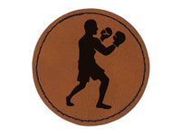 Boxer Boxing Fighting Pose Round Iron-On Engraved Faux Leather Patch Applique - 2.5"