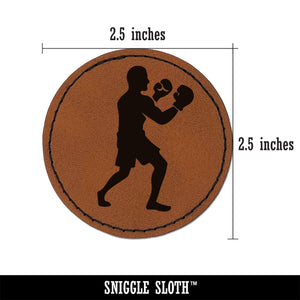 Boxer Boxing Fighting Pose Round Iron-On Engraved Faux Leather Patch Applique - 2.5"