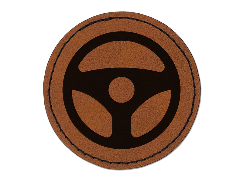 Car Steering Wheel for Driving Round Iron-On Engraved Faux Leather Patch Applique - 2.5"