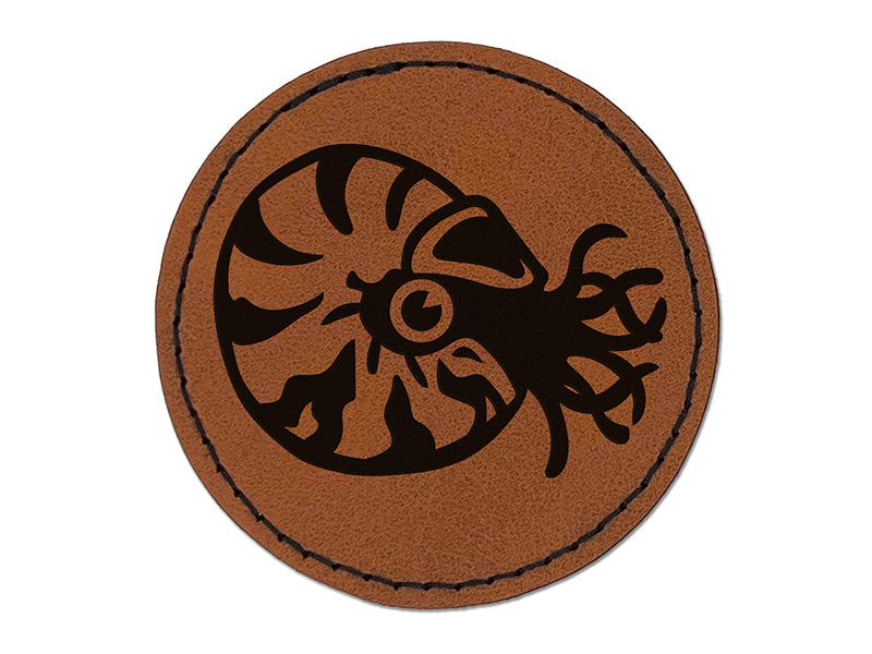 Charming Chambered Nautilus Sea Ocean Creature Round Iron-On Engraved Faux Leather Patch Applique - 2.5"