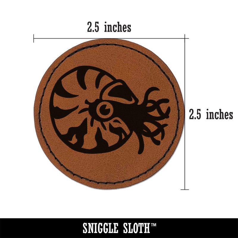 Charming Chambered Nautilus Sea Ocean Creature Round Iron-On Engraved Faux Leather Patch Applique - 2.5"