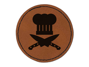 Chef Knife and Hat for Cooking Round Iron-On Engraved Faux Leather Patch Applique - 2.5"