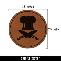 Chef Knife and Hat for Cooking Round Iron-On Engraved Faux Leather Patch Applique - 2.5"