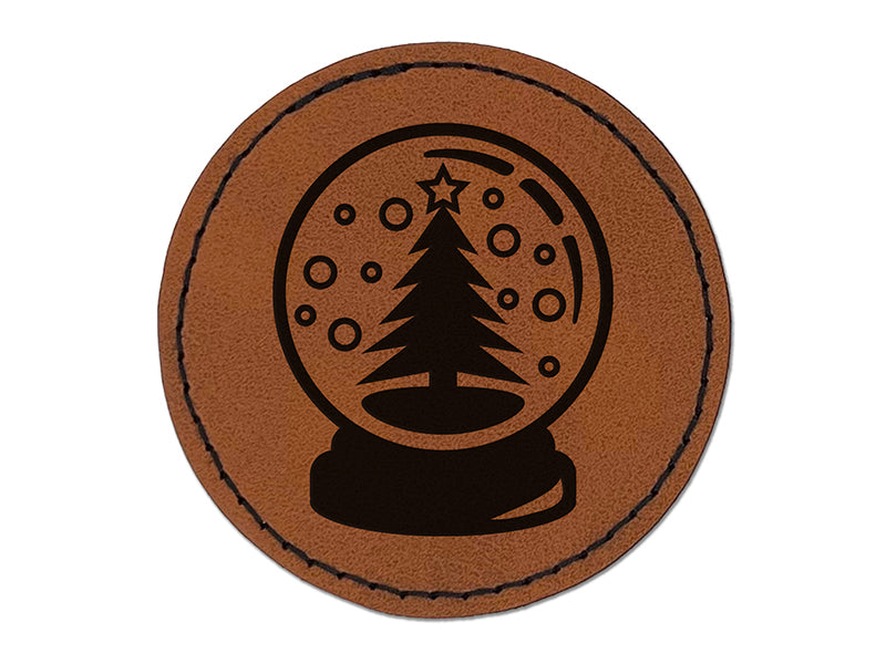 Christmas Tree in Snowglobe Round Iron-On Engraved Faux Leather Patch Applique - 2.5"