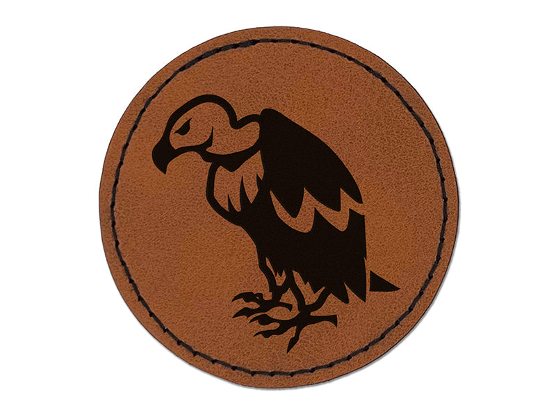 Condor Vulture Bird Round Iron-On Engraved Faux Leather Patch Applique - 2.5"