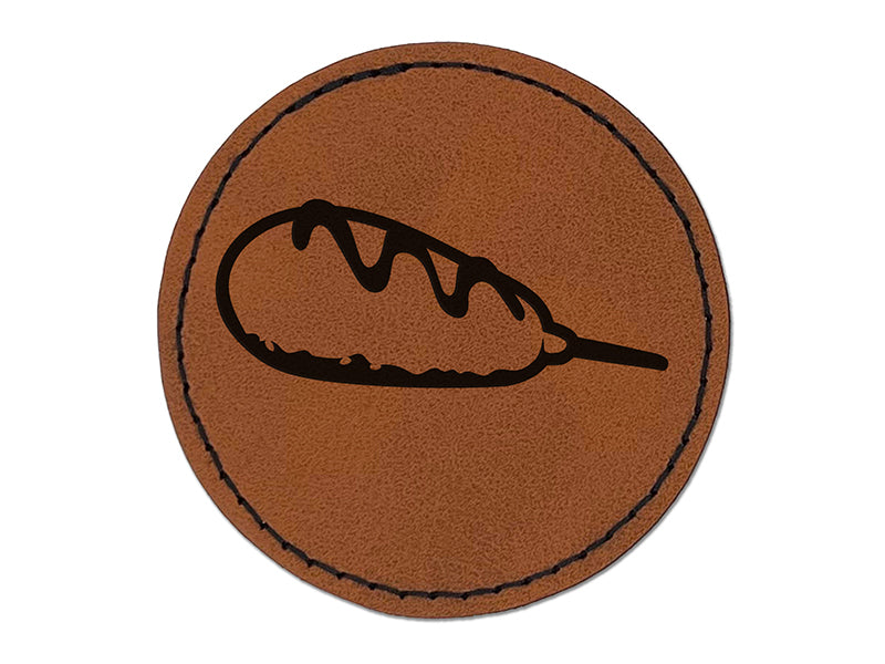 Corn Dog with Ketchup Round Iron-On Engraved Faux Leather Patch Applique - 2.5"