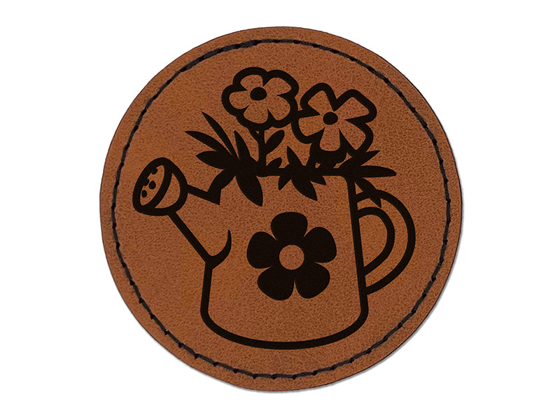 Cute Watering Can with Flowers Round Iron-On Engraved Faux Leather Patch Applique - 2.5"