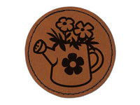 Cute Watering Can with Flowers Round Iron-On Engraved Faux Leather Patch Applique - 2.5"