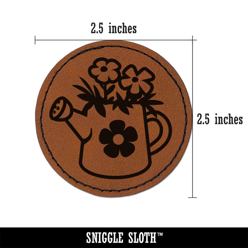 Cute Watering Can with Flowers Round Iron-On Engraved Faux Leather Patch Applique - 2.5"