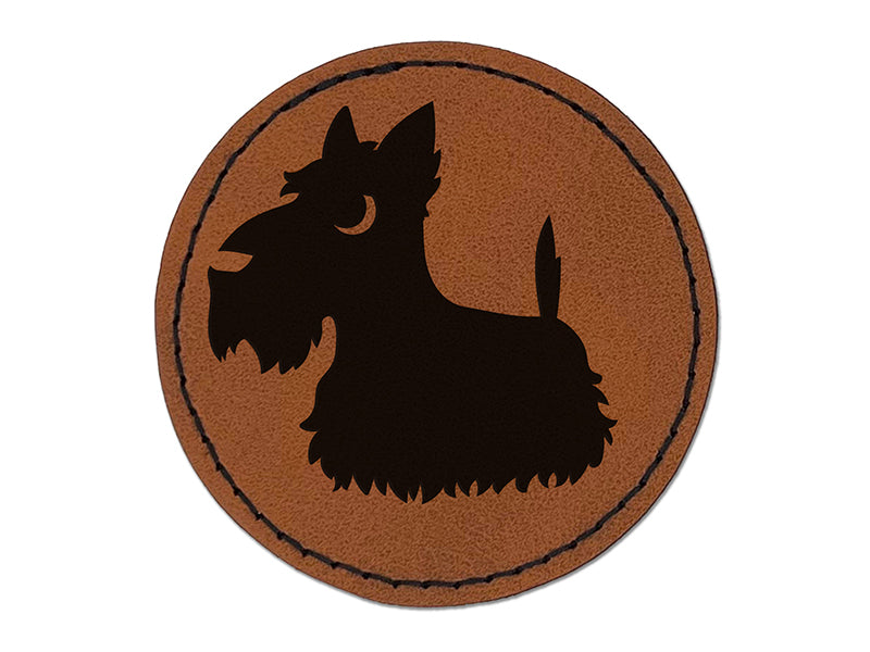 Delightful Cartoon Scottish Terrier Round Iron-On Engraved Faux Leather Patch Applique - 2.5"