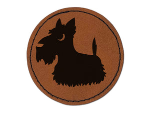 Delightful Cartoon Scottish Terrier Round Iron-On Engraved Faux Leather Patch Applique - 2.5"