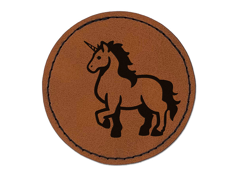 Elegant Majestic Mythical Unicorn Round Iron-On Engraved Faux Leather Patch Applique - 2.5"