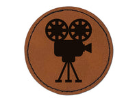 Film Movie Camera Round Iron-On Engraved Faux Leather Patch Applique - 2.5"