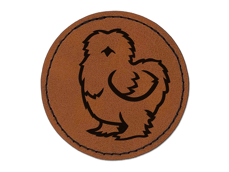 Fluffy Silkie Chicken Round Iron-On Engraved Faux Leather Patch Applique - 2.5"