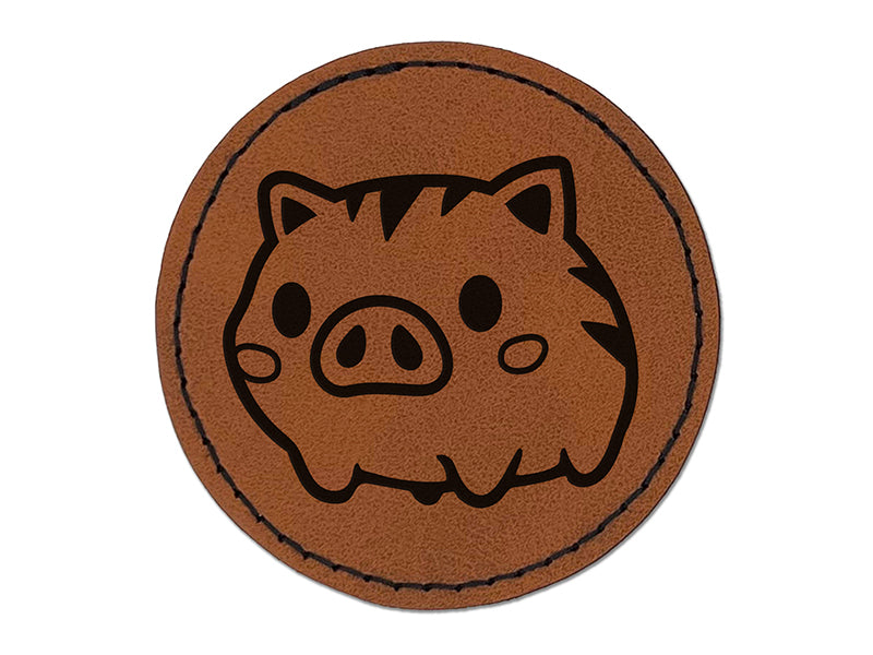 Fun Chibi Wild Boar Pig Swine Round Iron-On Engraved Faux Leather Patch Applique - 2.5"