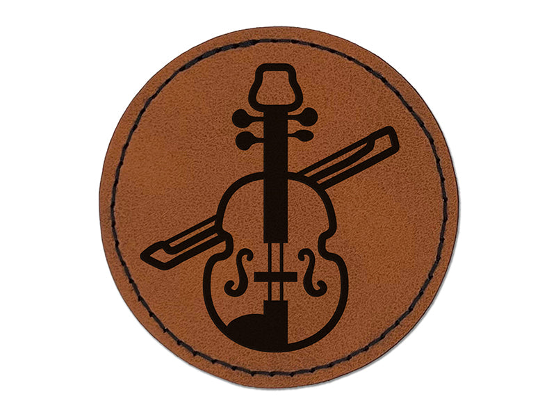 Fun Violin with Bow Icon Round Iron-On Engraved Faux Leather Patch Applique - 2.5"
