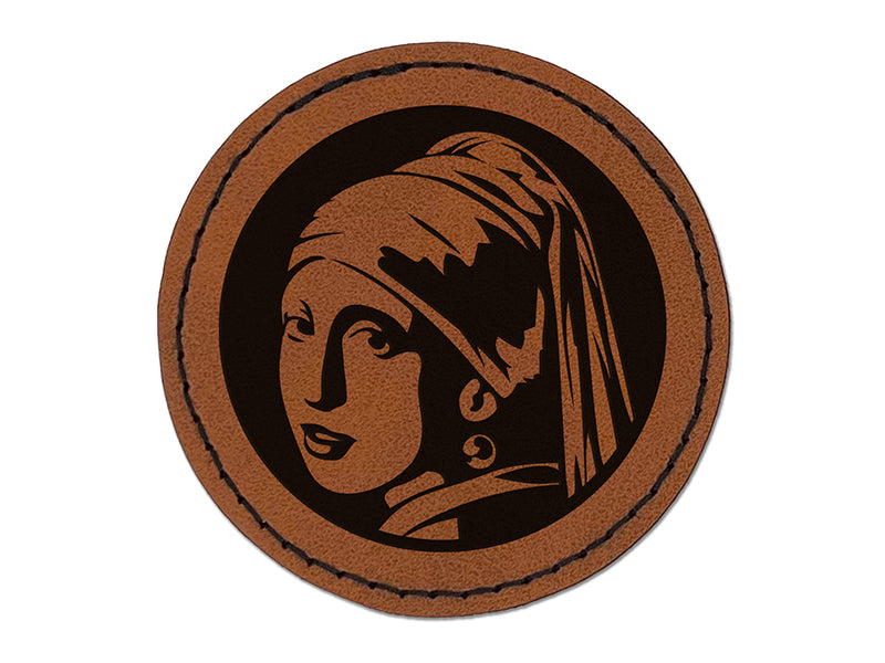 Girl with a Pearl Earring Painting by Johannes Vermeer Round Iron-On Engraved Faux Leather Patch Applique - 2.5"