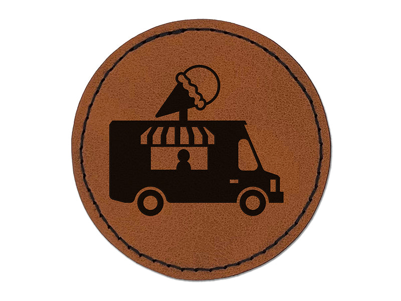 Ice Cream Truck Round Iron-On Engraved Faux Leather Patch Applique - 2.5"