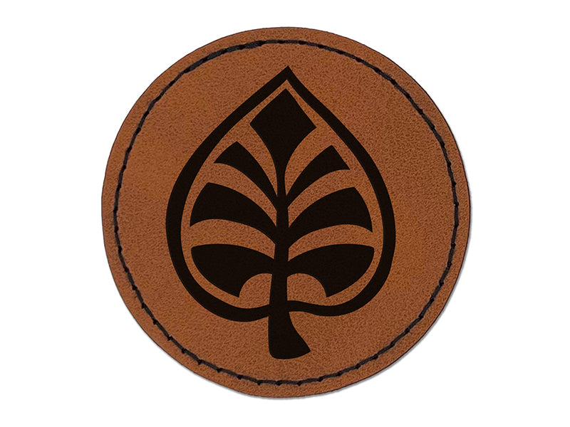 Intricate Leaf Design Round Iron-On Engraved Faux Leather Patch Applique - 2.5"