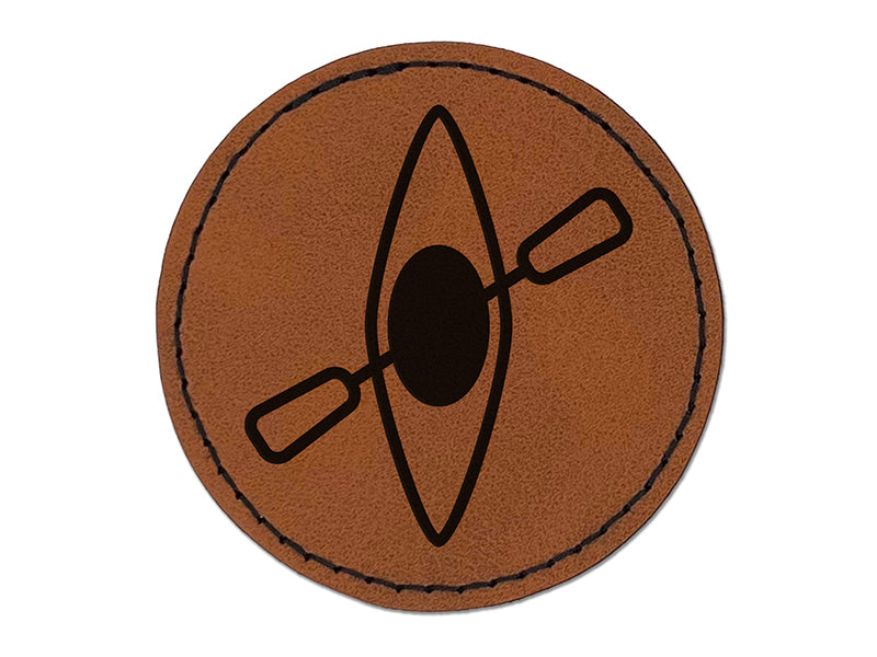 Kayak with Paddle Icon Round Iron-On Engraved Faux Leather Patch Applique - 2.5"