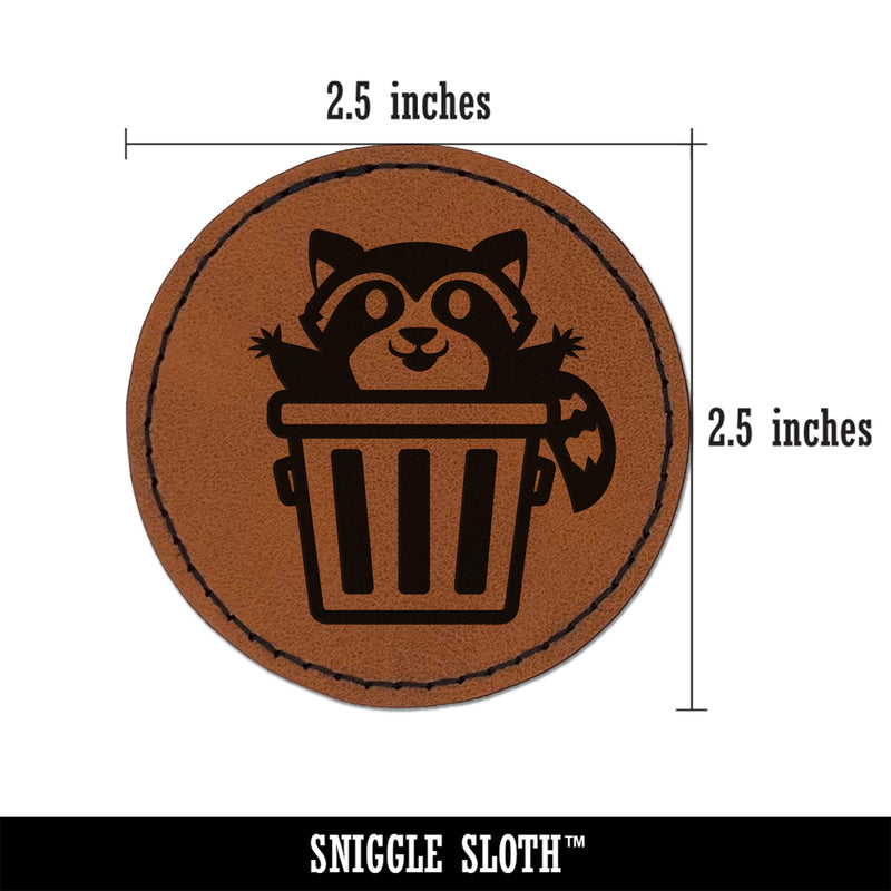 Lively Raccoon in Trash Can Round Iron-On Engraved Faux Leather Patch Applique - 2.5"