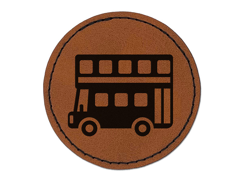 London Double Decker Bus Public Transportation Round Iron-On Engraved Faux Leather Patch Applique - 2.5"