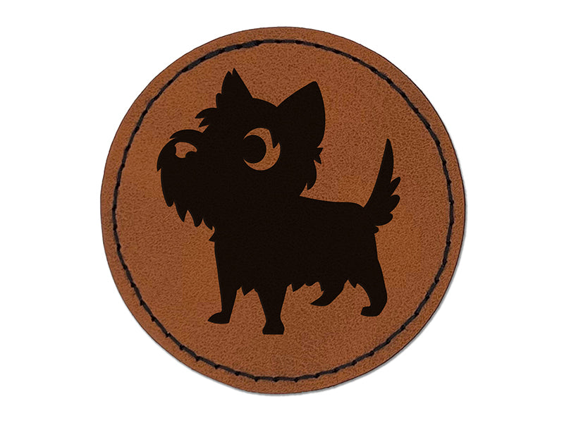 Lovable Cartoon Cairn Terrier Round Iron-On Engraved Faux Leather Patch Applique - 2.5"